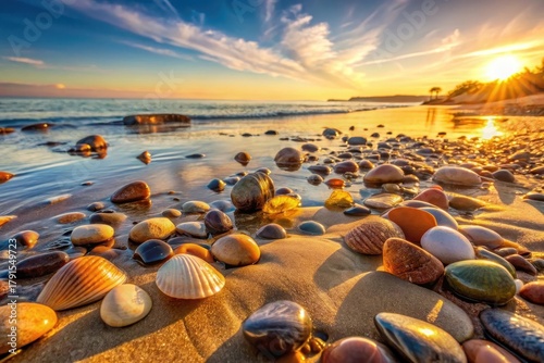 Golden Hour Seashells and Smooth Stones on a Sandy Beach at Sunset