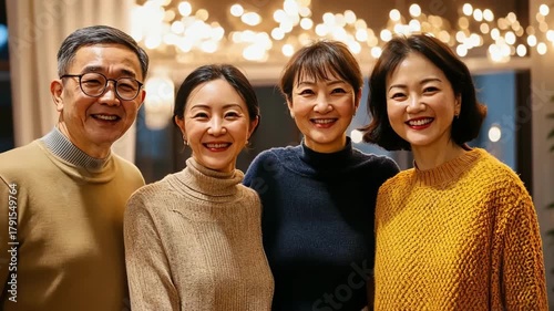 Smiling Asian family portrait with festive lights, creating a warm, joyful atmosphere.