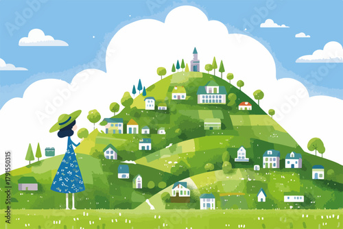 Vetor de uma mulher observando uma vila pitoresca em uma colina verde exuberante sob um céu azul com nuvens