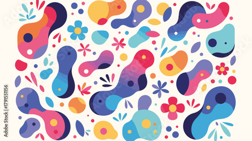 Padrão abstrato de formas orgânicas coloridas e elementos florais em vetor, arte moderna vibrante.