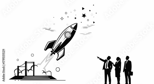 Rocket Launch with Business Team Observing Success.