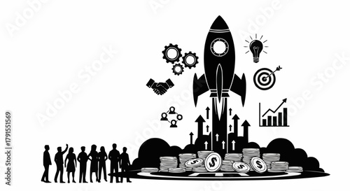 Startup launch with team rocket and financial growth concept.