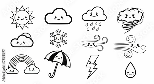 Cute Weather Icons Set With Happy and Sad Faces.
