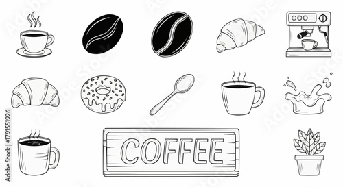Coffee and breakfast items illustration in black and white style.