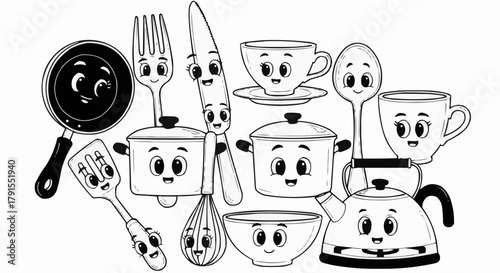 Cute Cartoon Kitchen Utensils with Funny Faces.