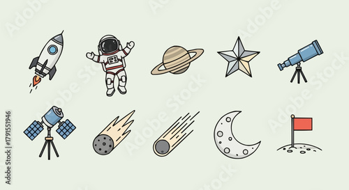 Collection of hand drawn space themed icons and illustrations.