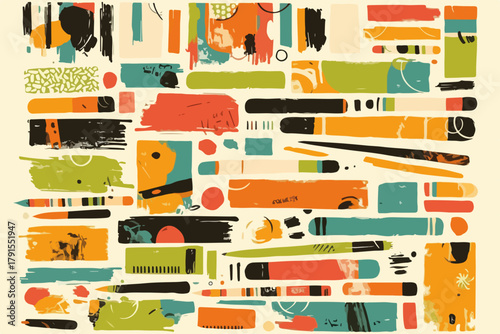 Composição abstrata com formas geométricas e pinceladas em tons terrosos e vibrantes, vetor moderno.