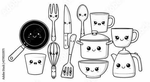 Adorable Cartoon Kitchenware Collection with Smiley Faces Illustration.