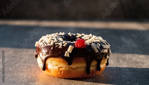 A delicious donut with chocolate frosting and white sprinkles is topped with a red cherry, sitting on a textured surface, ready to be enjoyed as a sweet treat