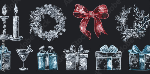 Vetor de elementos festivos com presentes, velas, laços e guirlandas em fundo escuro