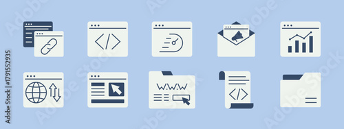 SEO symbol icon set. Solid vector icons. Flat illustration concept.