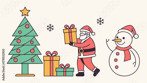 flat vector Christmas illustration filled with adorable holiday icons like smiling snowman, polar bear, Christmas pud, elf hat, candy sticks, Christmas tree, snow globe, and wrapped surprises