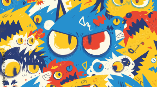 Ilustração vetorial vibrante com monstros coloridos e expressivos em um padrão abstrato e divertido.