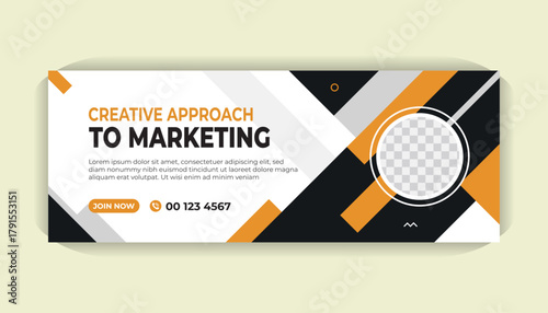 Stylish professional Facebook ad banner template with yellow graphics, photo space, modern clean layout and corporate white background
