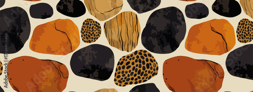 Padrão abstrato de pedras orgânicas com texturas variadas em tons terrosos e pretos.