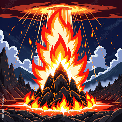 Dynamic volcano eruption erupting fiery lava and ash into a dramatic sky, capturing raw power and natural disaster
