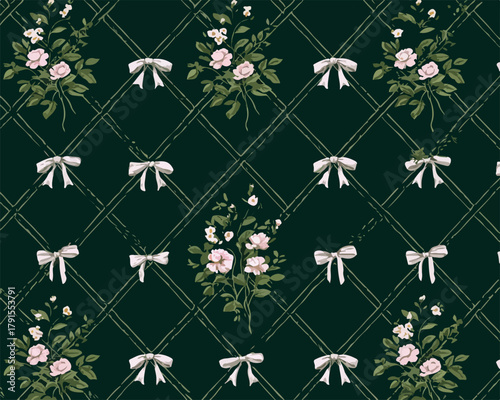 Padrão floral vintage em vetor com rosas delicadas, laços e fundo xadrez verde escuro.