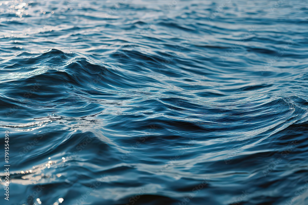 Naklejka premium Close Up View Of Blue Ocean Water Waves with Sunlight Reflections Creating Abstract Patterns