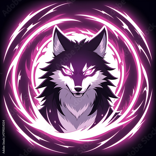 Fierce wolf character with glowing purple energy vortex, perfect for gaming or fantasy branding