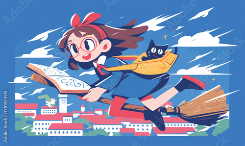 Menina de óculos em vassoura mágica voando com gato e livro sobre cidade