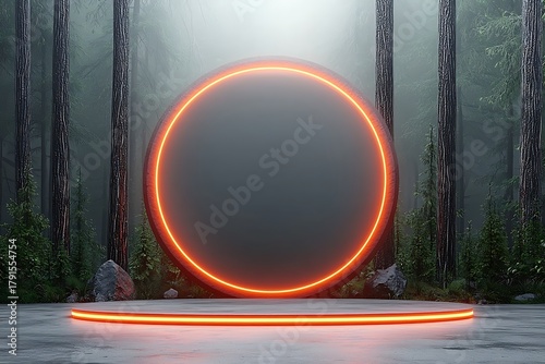 Futuristic glowing circle in serene forest environment with mist and tall trees
