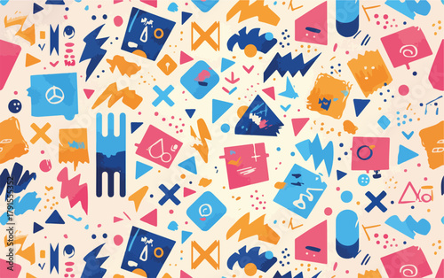 Padrão abstrato colorido com formas geométricas e ícones divertidos, vetor de design gráfico