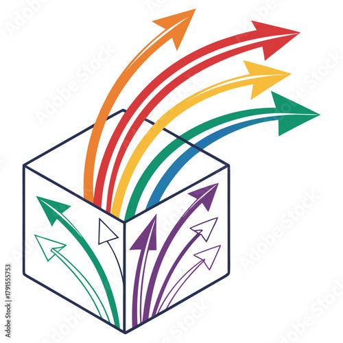 Arrows in rainbow colors bursting out of a box, symbolizing creativity and outofthebox thinking