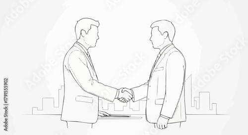 Businessmen shaking hands in agreement, symbolizing partnership and collaboration.