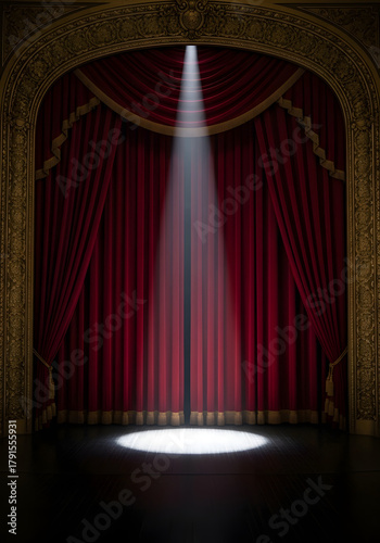 Red Stage Curtain with Spotlight for Performance and Theater Productions
