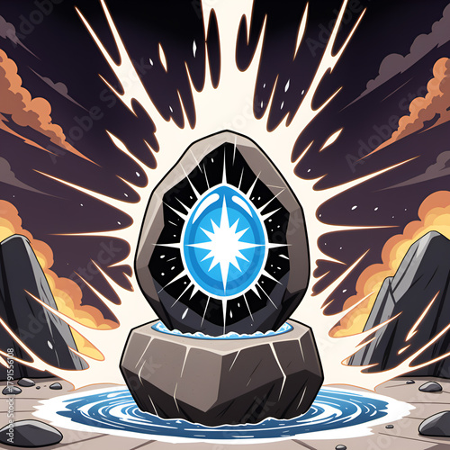 Mystical glowing crystal embedded in ancient stone radiating powerful energy with dramatic cosmic background