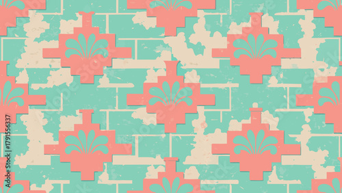 Seamless retro geometric pattern with repeating lotus flower/leaf shapes on a distressed brick or diamond background. Vintage teal, pink, and tan texture for wallpaper, fabric, and artistic designs.