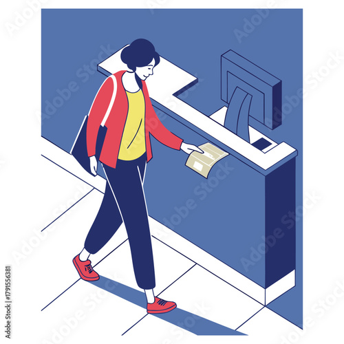 A woman with a bag walks away from a counter after receiving a document, completing a service