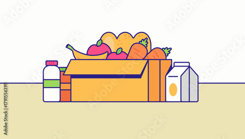 Fresh grocery box with fruits vegetables and drinks vector illustration for food delivery concept