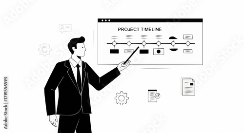 Businessman in a suit presenting a project management timeline.