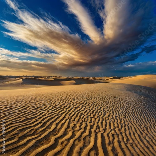 Desert Sand Dunes Under Dramatic Cloudy Sky During Sunset