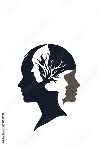 Surreal family-tree illustration showing multiple overlapping profiles symbolizing ancestry, identity, and generational roots, blending human silhouettes with abstract branching forms.