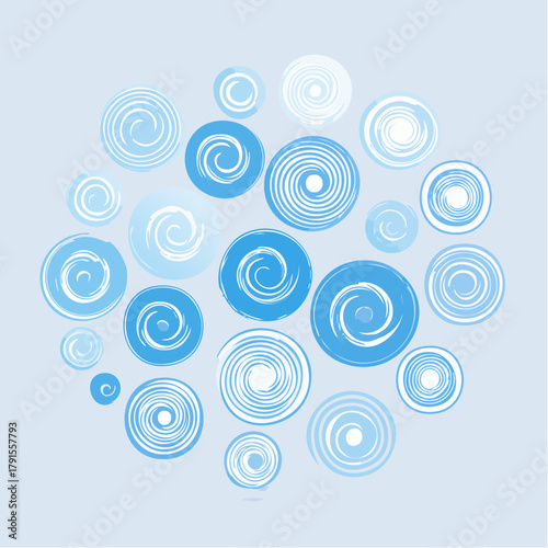 A graphic illustration of blue and white swirling circles of various sizes arranged in a circular pattern on a light blue background, conveying a sense of movement and energy in a solstice