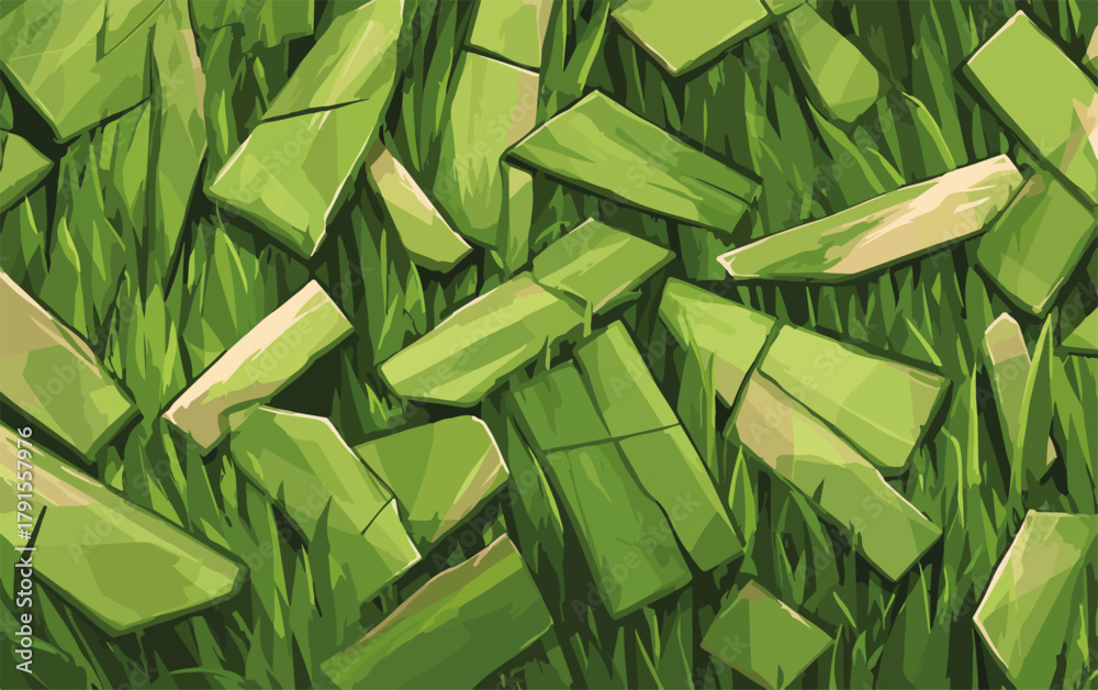 Naklejka premium Padrão abstrato de pedaços verdes de grama cortada e folhas em um fundo texturizado.