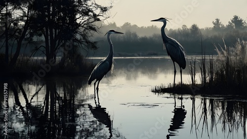 Two Herons Standing in Calm Water at Dawn in Natural Wetland Scene