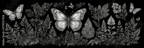 Black and White Botanical Illustration of Butterflies and Leaves in Artistic Style