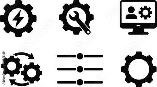 Bold icons featuring technical control, gears, sliders, and screens representing industrial engineering, system and process design.