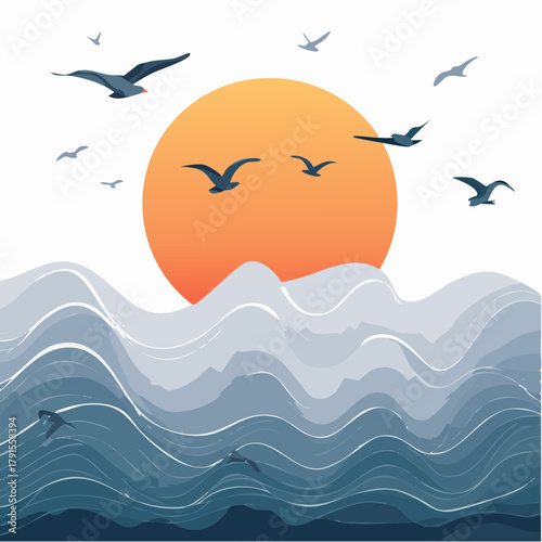 Vector illustration of a serene solstice scene with birds flying over stylized ocean waves and a large orange sun on a white background, evoking a sense of calm.