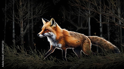 Stylized Fox Walking in Dark Forest with Leafy Ground and Bare Tree Branches
