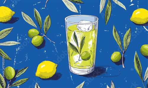 Vetor de um copo com bebida verde refrescante, limões e azeitonas em fundo azul texturizado