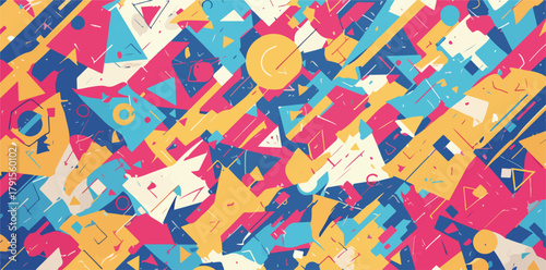 Padrão abstrato geométrico com formas coloridas e dinâmicas em vetor, arte gráfica vibrante.