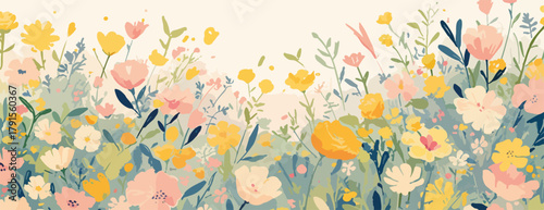 Ilustração vetorial de um campo de flores vibrantes em aquarela com cores pastel suaves e delicadas.