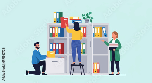 Team Organizing Files in Office Shelves.