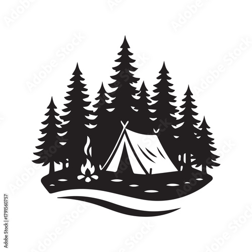 Camping tent in pine forest silhouette icon. Outdoor adventure, travel, and tourism logo. Vector illustration for hiking and wilderness exploration.
