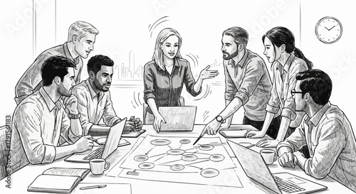 Diverse business team collaborating on a project strategy in a meeting.