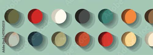 Vetor de círculos coloridos com sombras projetadas em fundo verde-água, representando paleta de cores.